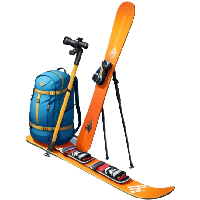 Icon for Mountain Tourism: a snowy mountain peak in the landscape, with skis, a snowboard, an ice axe, a backpack and a camera. The icon should capture the adventure and exploration of mountain landscapes. Transparent background. emoji