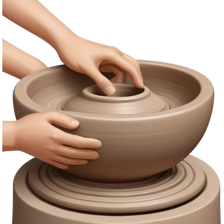 Two hands shaping a clay vessel on a silver pottery wheel, one hand inside and one hand outside the vessel, clean and focused view with no splashing clay emoji