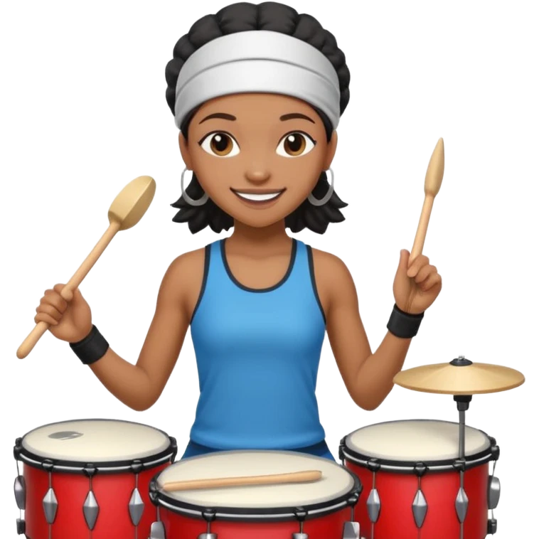 A black girl drummer with a sporty headband and clothes, tapping her drum rhythmically with a grin. emoji