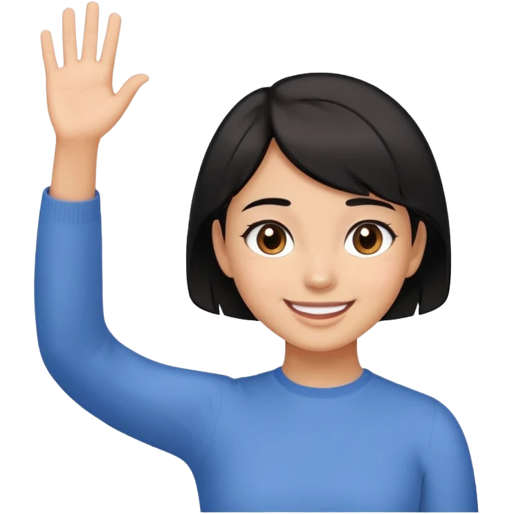 a young girl with short black hair to the nape of her neck, dark brown eyes, light brown skin, smiling and waving from the front emoji