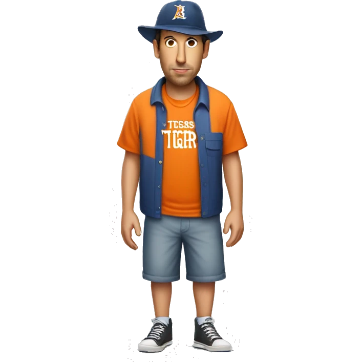 adam sandler full body wearing shorts, orange shirt, hat with word tigers. emoji