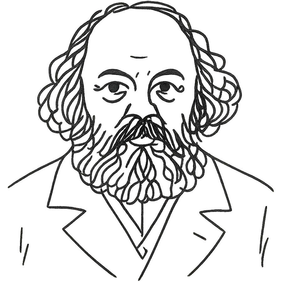 a hand drawn black outline portrait of Mikhail Bakounin with similar size eyes based a famous photograph of him emoji