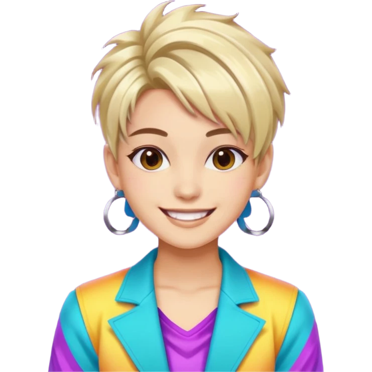 A stylish young idol in colorful stage outfit, trendy hairstyle with dyed highlights emoji