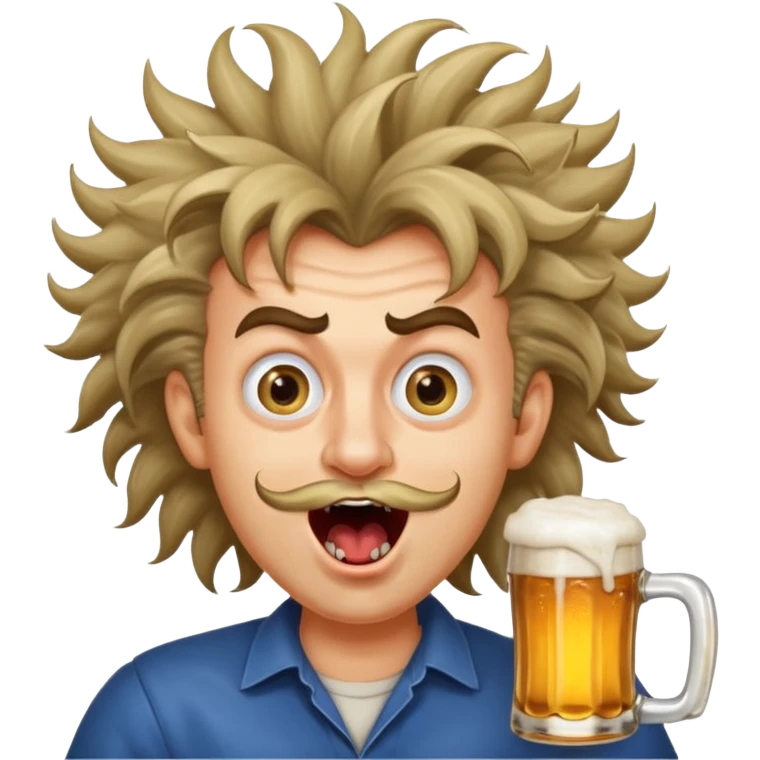 silly man with wild hair holding a beer, cross eyed, mouth wide open, wild eyebrows, super crazy face emoji