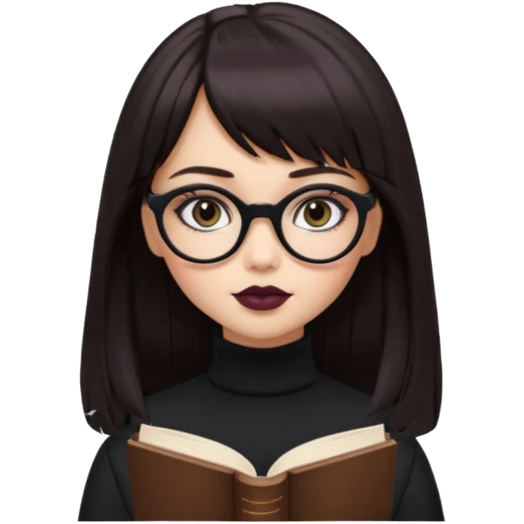 generate a pretty bratz girl with black small square spectacles, dark lipstick, black turtleneck , books in hand, dark brown straight long hair with bangs, eyeliner on,  emoji