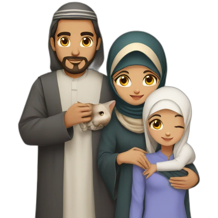 A muslim couple with a arabic man and a hijabi arab girl with a cat in their arms emoji