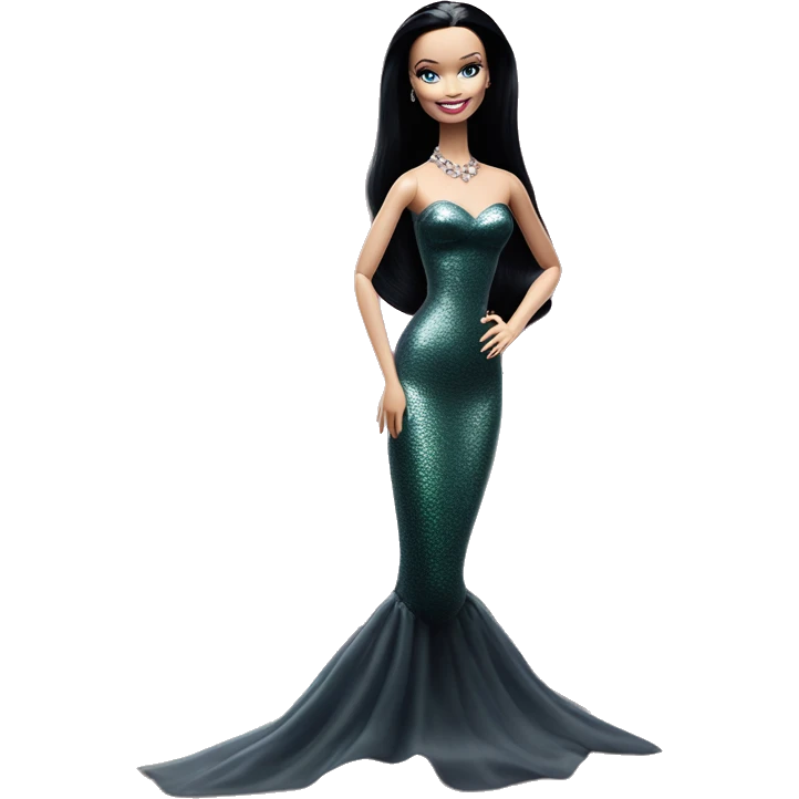 Mermaid Gown Barbie. Teen Morticia Addams at home. Smiling. Filmy organza nightgown . Very Pale-white porcelain skin.  emoji