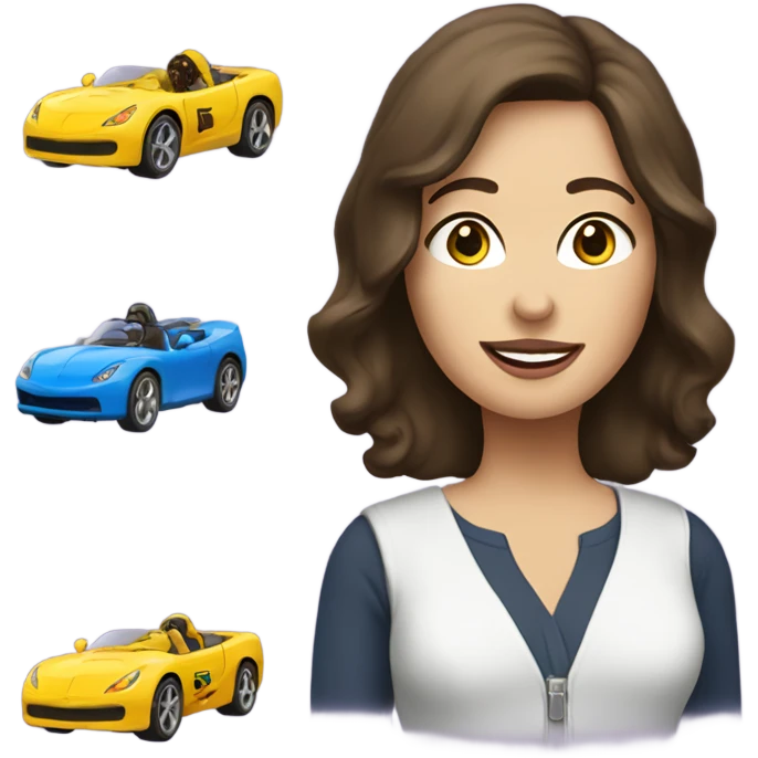 A white brunette woman who playing with the toys cars, and write the word “Ok” at the top emoji