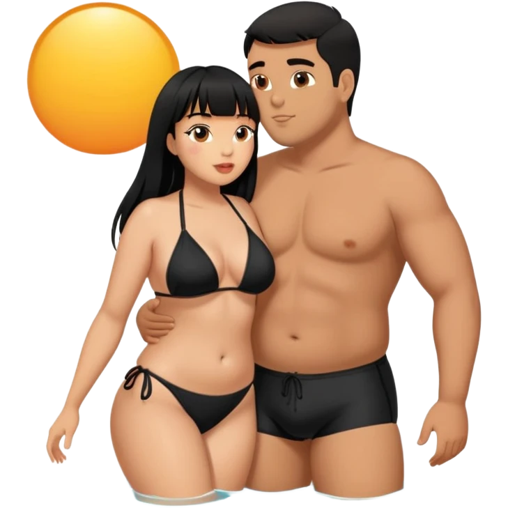 Latina female with bangs black long hair plus size in the beach with black bikini kissing Latin man with short hair  emoji