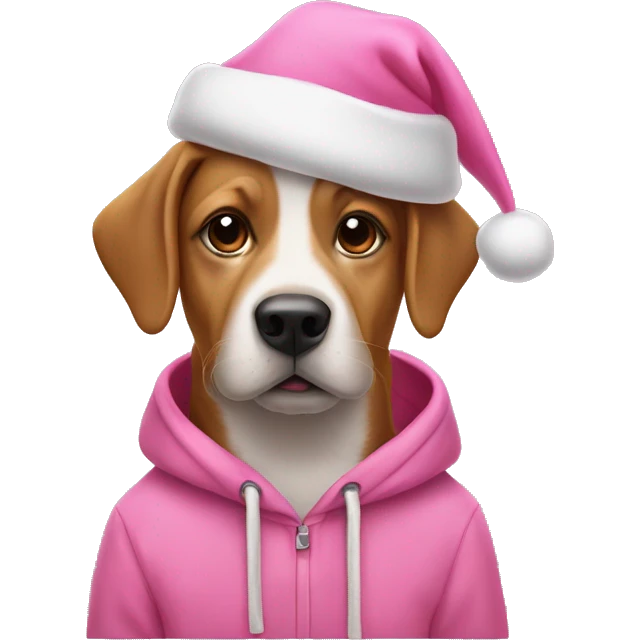 Dog wearing a pink hoodie and a pint Santa hat emoji