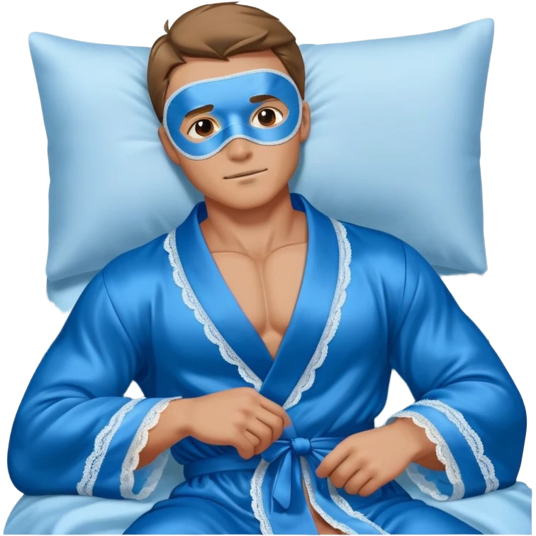 muscular man body silk lace blue robe model wearing sleepmask emoji