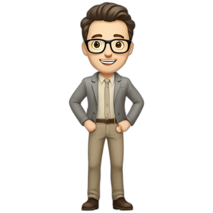 Joyful Full height Pale skinned Fit Man With dark brown hair in gray jacket, beige office shirt, Brown pants and vintage glasses. His thrumbs up emoji