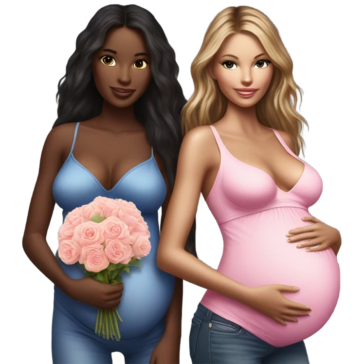 Realistic Photo of 2 Victoria secret models pregnant posing with flowers emoji