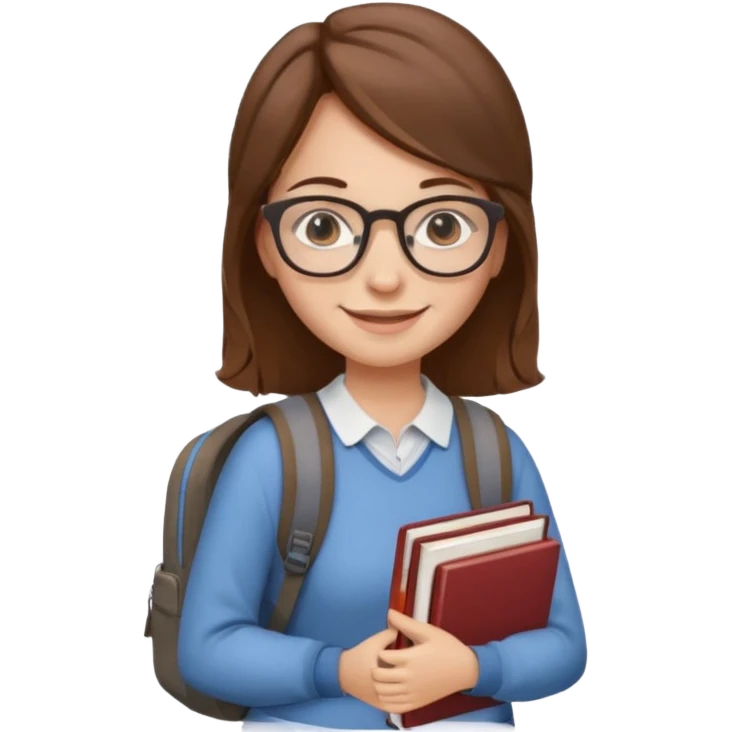 brown hair woman going to university wearing a glasses, looks pretty emoji