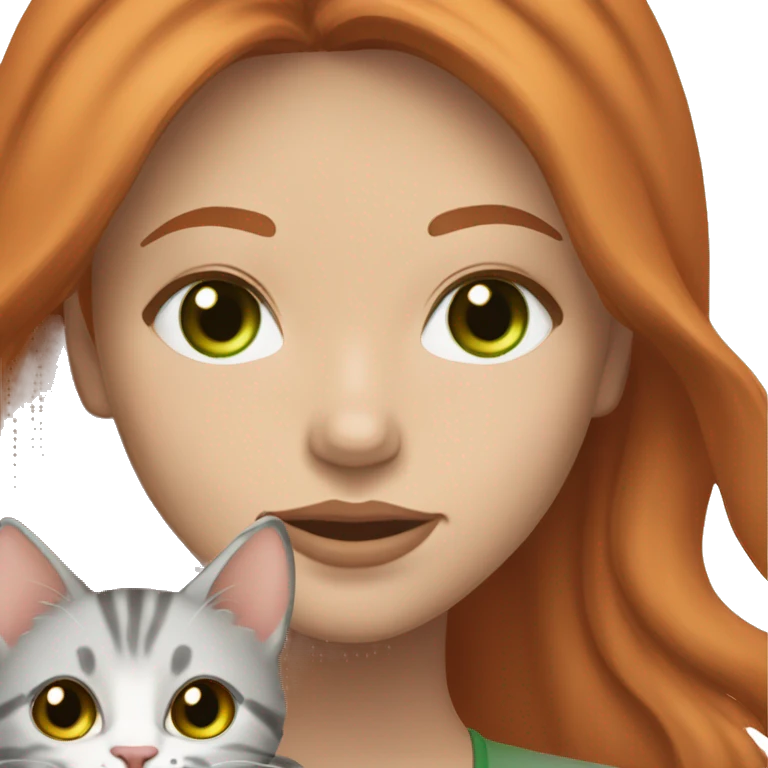 Pretty redhead woman with light brown eyes and long lashes holding a very cute light gray tabby with a slightly orange hue and green eyes  emoji