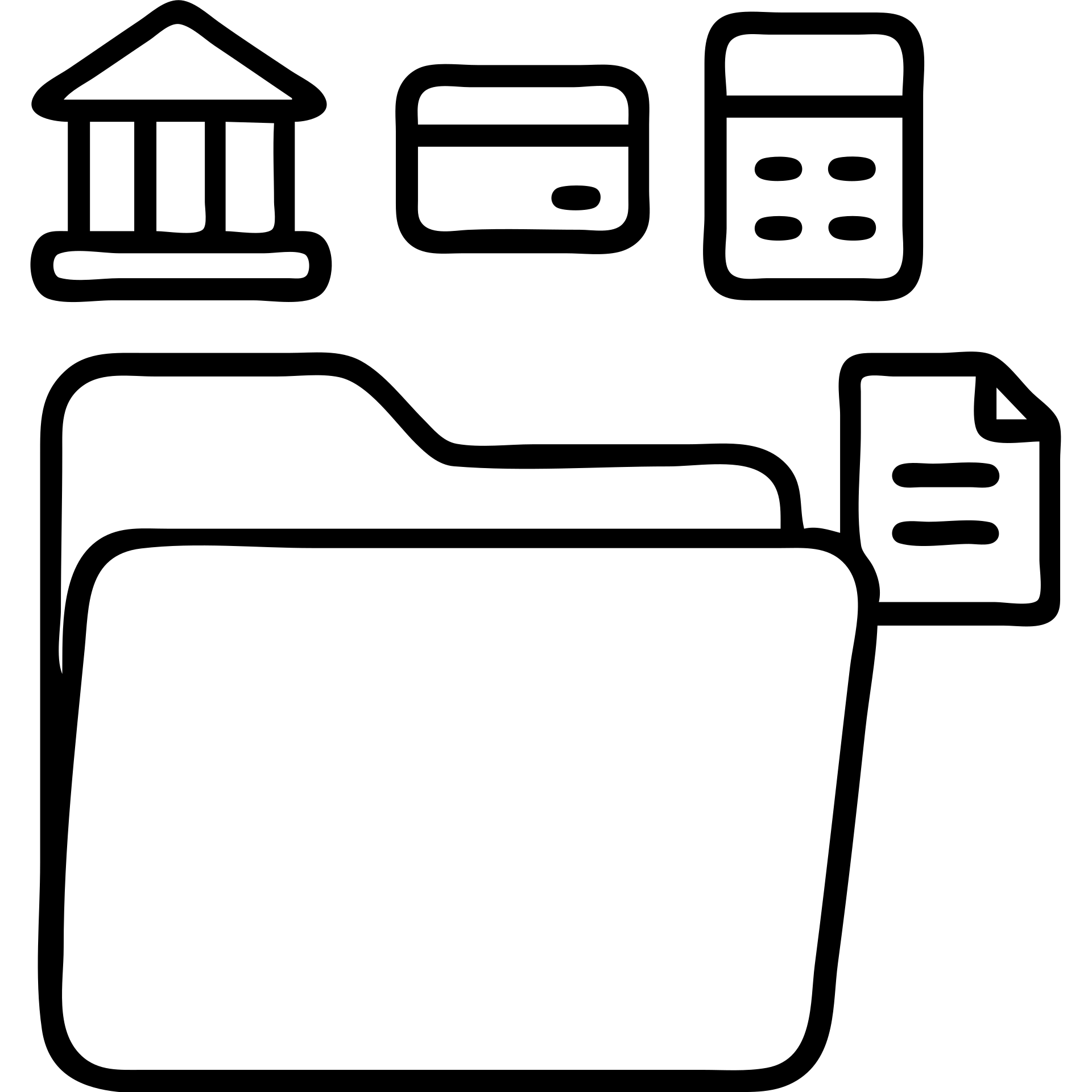 Closed folder icon with small symbols floating around: bank building, credit card, calculator, and document – organized financial archive emoji