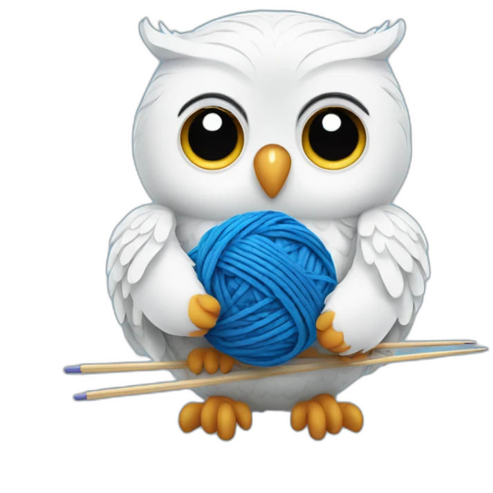 White Owl holding blue yarn ball and knitting needles emoji