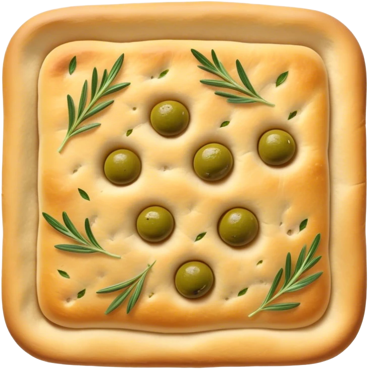 Focaccia Cinematic Realistic Focaccia Bread Dish Emoji, depicted as a golden, olive-oil brushed flatbread sprinkled with herbs, rendered with lifelike textures and warm, inviting lighting. emoji