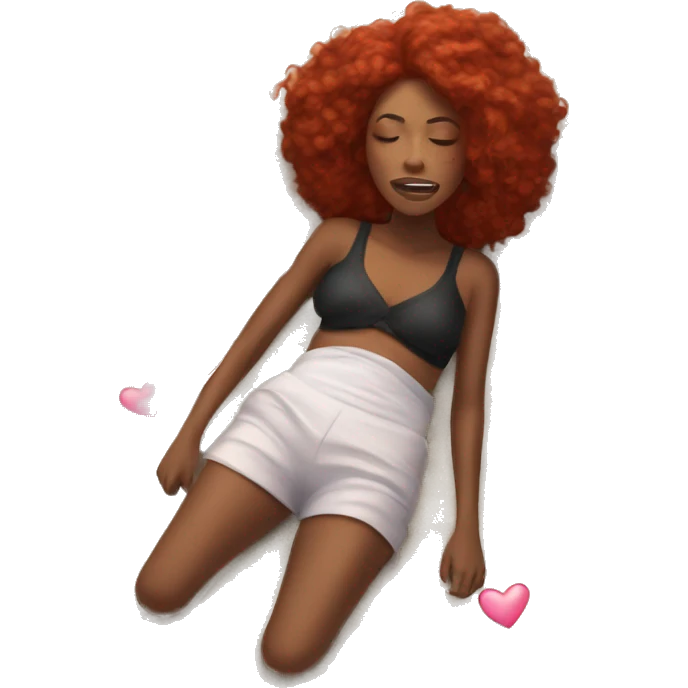 A black woman laying on her back on the beach, looking sick, red hair plats, butter flies around, pink hearts emoji