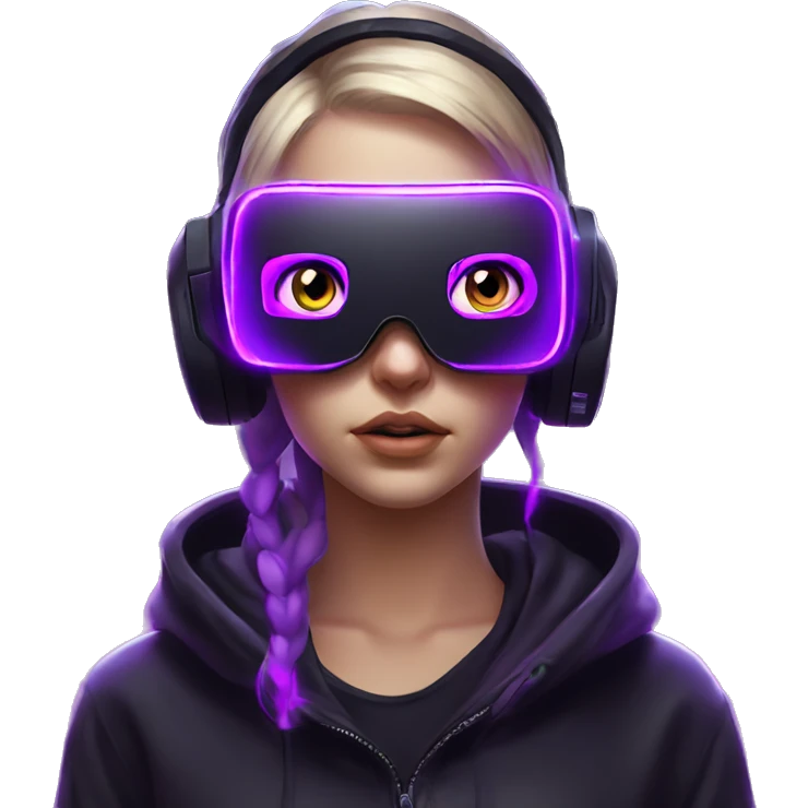Russian girl wearing black hoody with violet letters "OMG", in vr headset. Cyberpunk style. Violet neon. emoji