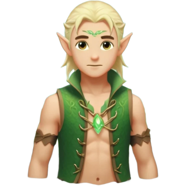 elf male legolas wading in shallow tide pool, palm emitting soft green light to heal glowing coral, practical open vest over bare chest, determined gaze, pointy ears, vibrant underwater plants, centered emoji, nature guardian summer emoji