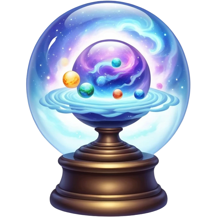 Tiny mystical mysterious celestial sparkly cloudy magical glowing spherical nebula planets inside a glass globe dome emoji