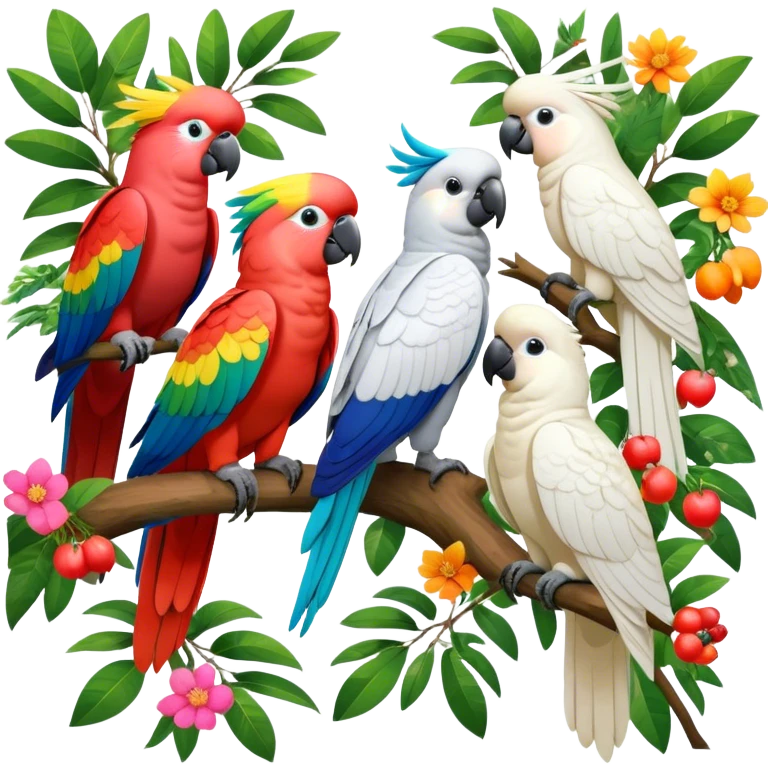 Close-up collage of vibrant Ara parrots and Inca cockatoos sitting on tree branches, surrounded by lush greenery. Bright colors of the birds stand out against a natural, sunny background of trees, flowers and fruits. Transparent background. emoji