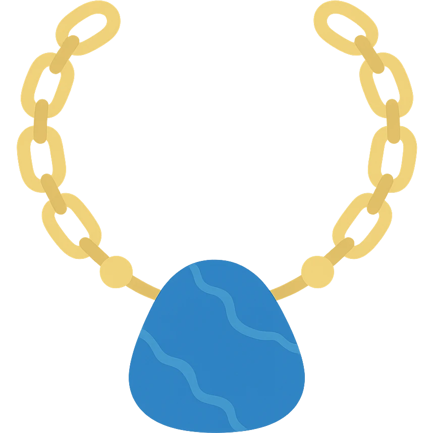 gold chain necklace with a deep blue marbled stone, organic shape, metallic bead accents, elegant and earthy emoji