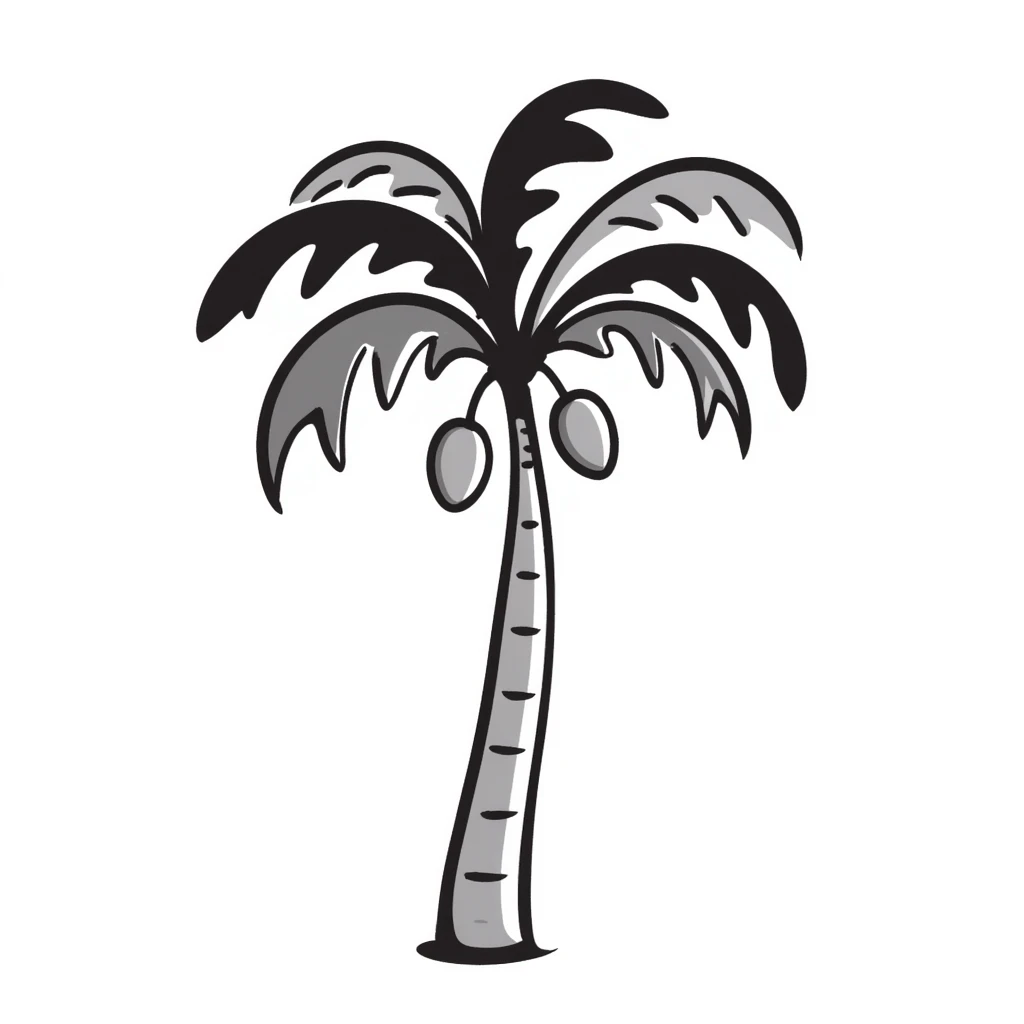 a palm tree with a curved trunk, large fronds, and coconuts, in pastel colors dd9fb0, ffc6d3, a3bfc9, c4bee2, f1b091, detailed hand-drawn doodle style emoji