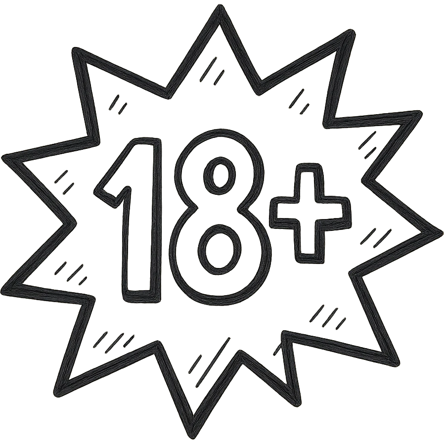 simple hand-drawn 18+ badge shaped like a jagged comic panel, with bold contours, stylized shadows and highlights, '18+' text in the middle, ficwriter-inspired, expressive and fun emoji
