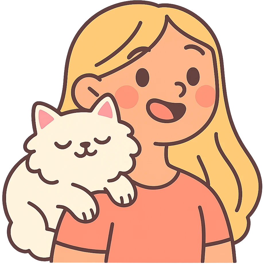 a girl with long blonde hair, a white fluffy cat resting on her left shoulder and neck, pastel toon style emoji for Discord and Slack emoji