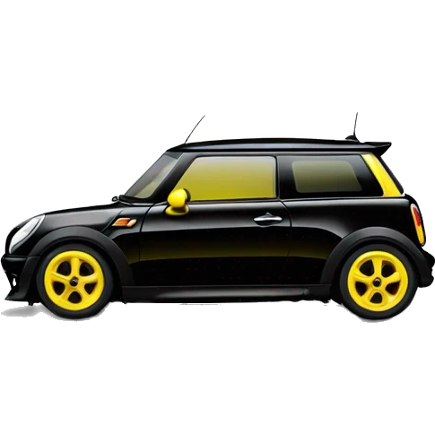 mini cooper black, yellow mirror,  emoji