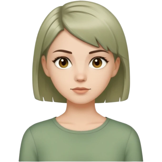 White girl with short wolfcut hairstyle, brown eyes, straight hair, wearing a sage green top emoji
