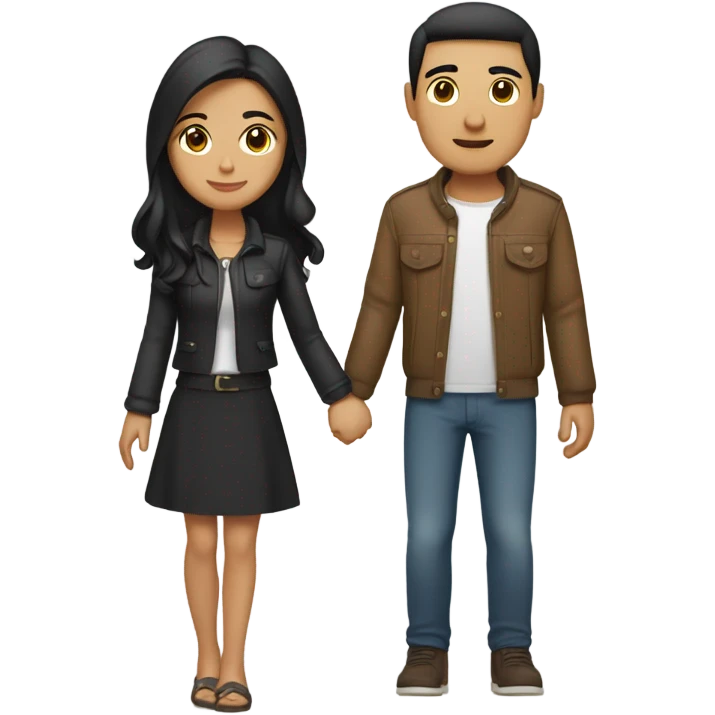 a couple holding hands. the guy has black middle part hair and is Persian and Filipino mix, wearing a jacket. the girl has brown medium length hair white and asian mix, wearing a crop top. emoji