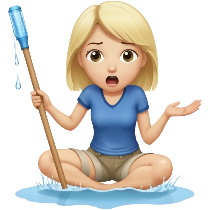 blond woman on her knees, shocked, holding a wide skin-tone stick with a D-shaped knob, the stick emerging from trousers hanging in front of her face, water squirting from the knob into her mouth emoji