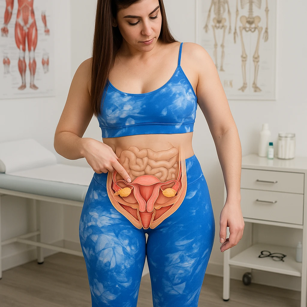 A slender woman in 4K in a medical office, pointing to the pelvic and abdominal area, with a transparent anatomical illustration showing the uterus, bladder, intestine, and pelvic floor muscles, inspired by the reference photo. emoji