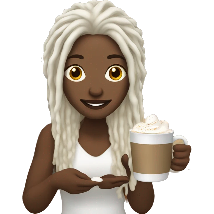 White woman with white dreadlocks holding hot chocolate in front of a fireplace emoji