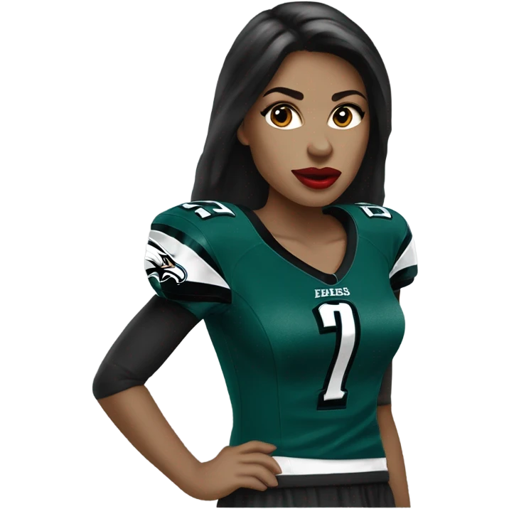 White female long dark hair red lips wearing Philadelphia Eagles jersey emoji
