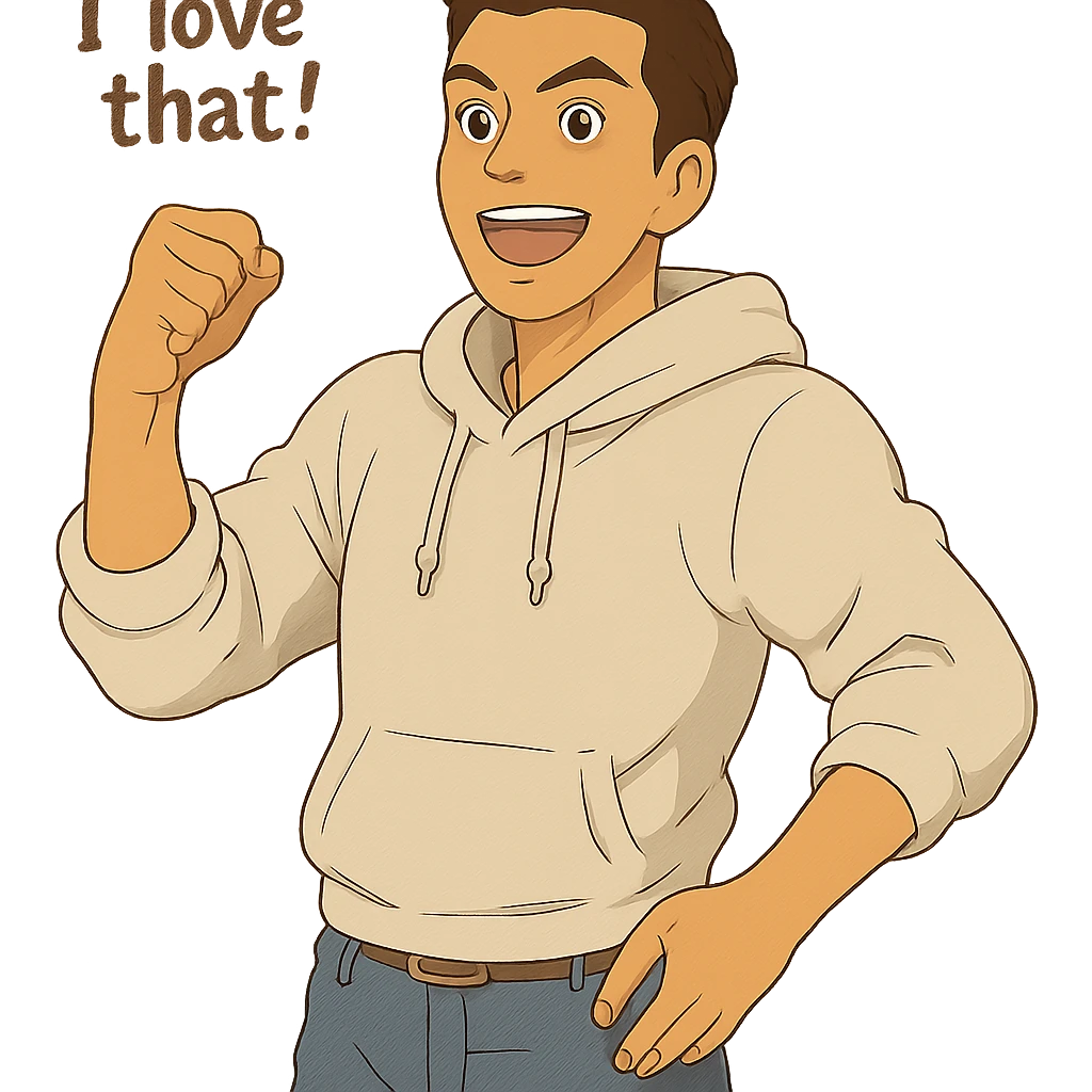 1 male, mid fade haircut dark chestnut brown hair, lighter tan skin, white athletic hoodie sleeves up, faded fashion jeans, red fashion-sneakers shoes, pose from my hero academia:  A portrait showing him saying : "I love that!" emoji