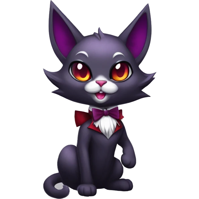 Anthro-Cute-Edgy-Vampiric-Batty-Cat-Black-Purple-Red-Grey-White-Yellow-Contrast-Colors-Fantasy-Fur-Sona-Chibi-Shiny-Fakémon-Hybrid with horns and big fangs collar bow ties leg spats full body emoji