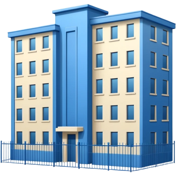 blue rectangular 9-story apartment building surrounded by fence, closed courtyard, minimal flat vector icon emoji
