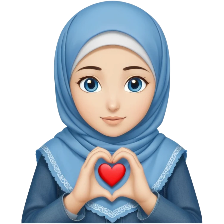 Turkish beautiful finish Konya girl blue eyes with denim hijab islamic dress and making heart with hands and with thank you text emoji