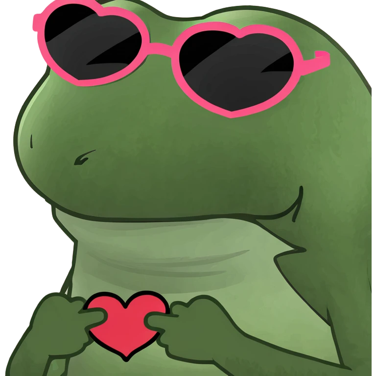 Bufo frog with heart-shaped sunglasses, sipping a pink cocktail, in bufo style, transparent background emoji