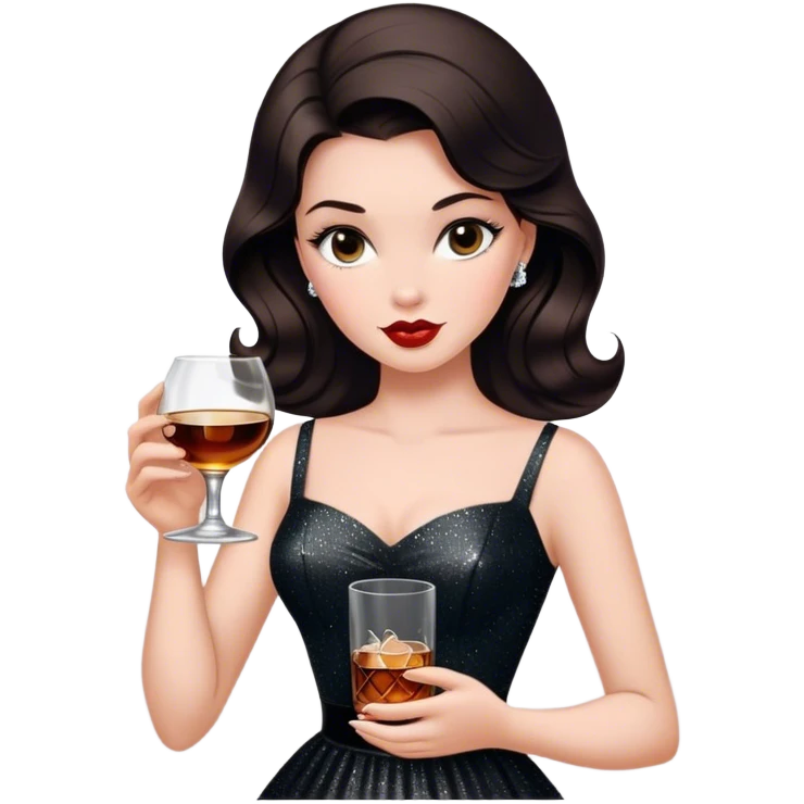 Beautiful woman in 1950’s woman fashion look, black shimmery dress, long dark brown hair, whisky with ice emoji