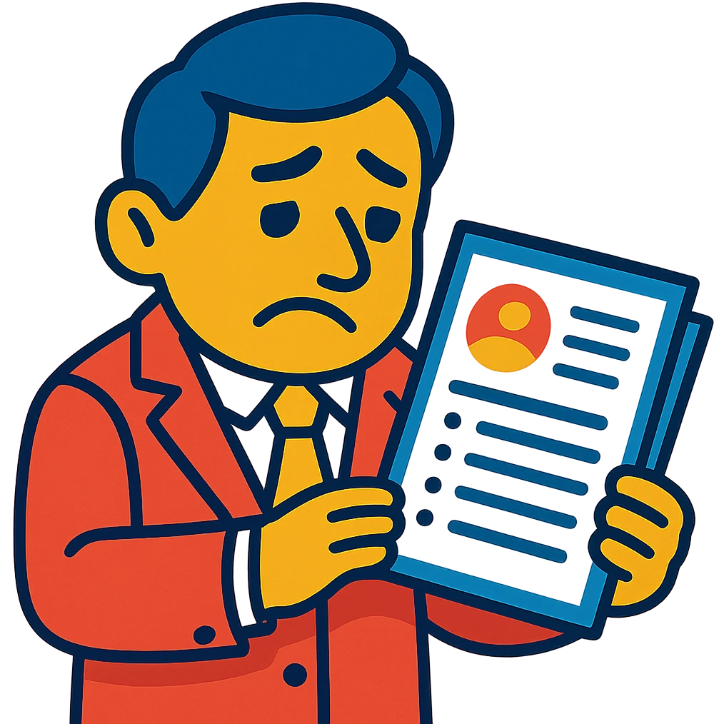 A recruiter holding a resume, looking down at the paper with a sad or disappointed expression, in vibrant toon style, no background. emoji