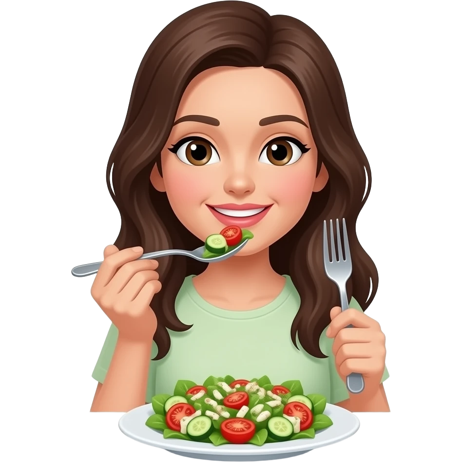 woman holding spoon and fork eating on a plate with salad emoji