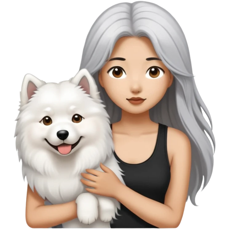  asiatic girl in the black tank top with long gray  hair and a samoyed emoji