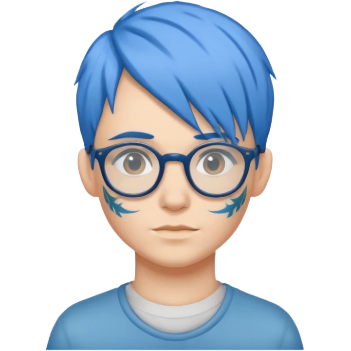 person with blue hair, glasses, and a tattoo emoji