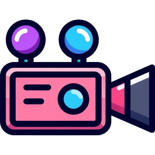 videographer's camera in pink and light blue colors, with neon glow lines, blue neon light on top left, purple neon light on bottom right emoji