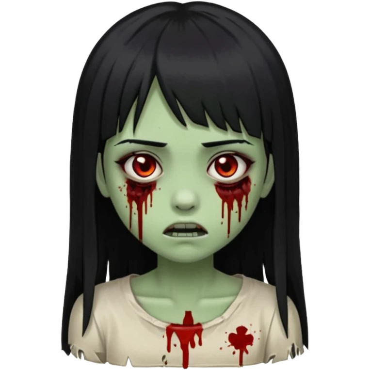 Emoji de uma garota com os cabelos longos, lisos e pretos. Ela usa uma franja curta que cobre toda a sua testa. Tem a pele esverdeada e ferimentos no rosto cobertos com sangue, usa uma blusa branca rasgada e suja de poeira. Ela é uma zumbi emoji
